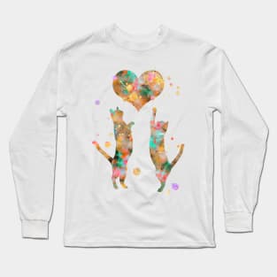 Cat Couple With Heart Watercolor Painting Gold Long Sleeve T-Shirt